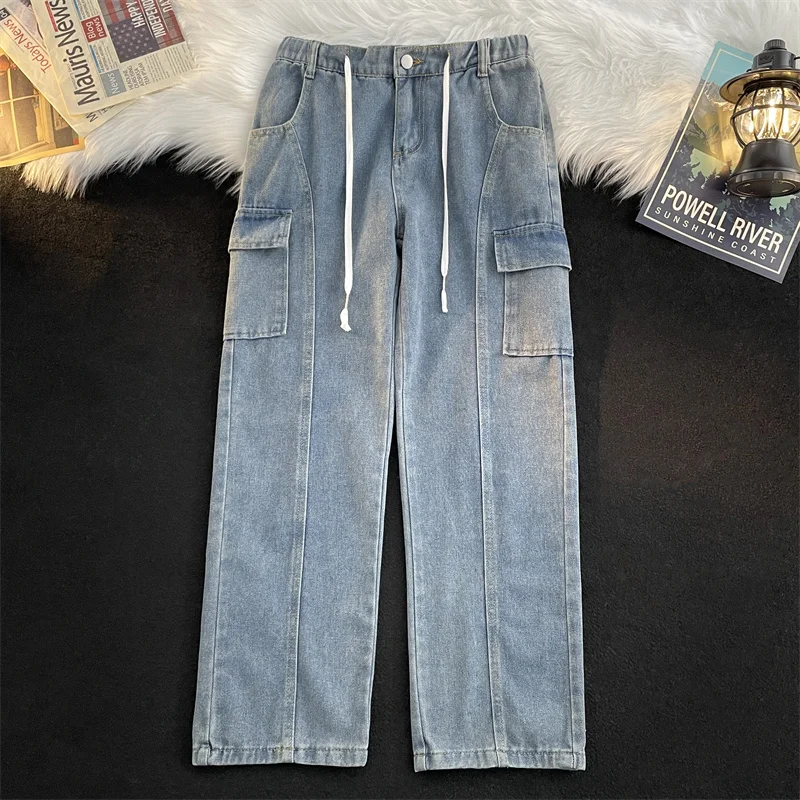 

2023 Men Casual Pants Loose Straight Wide Leg Jeans Men New Retro Streetwear Top Quality Fashion Solid Color Denim Trousers B136