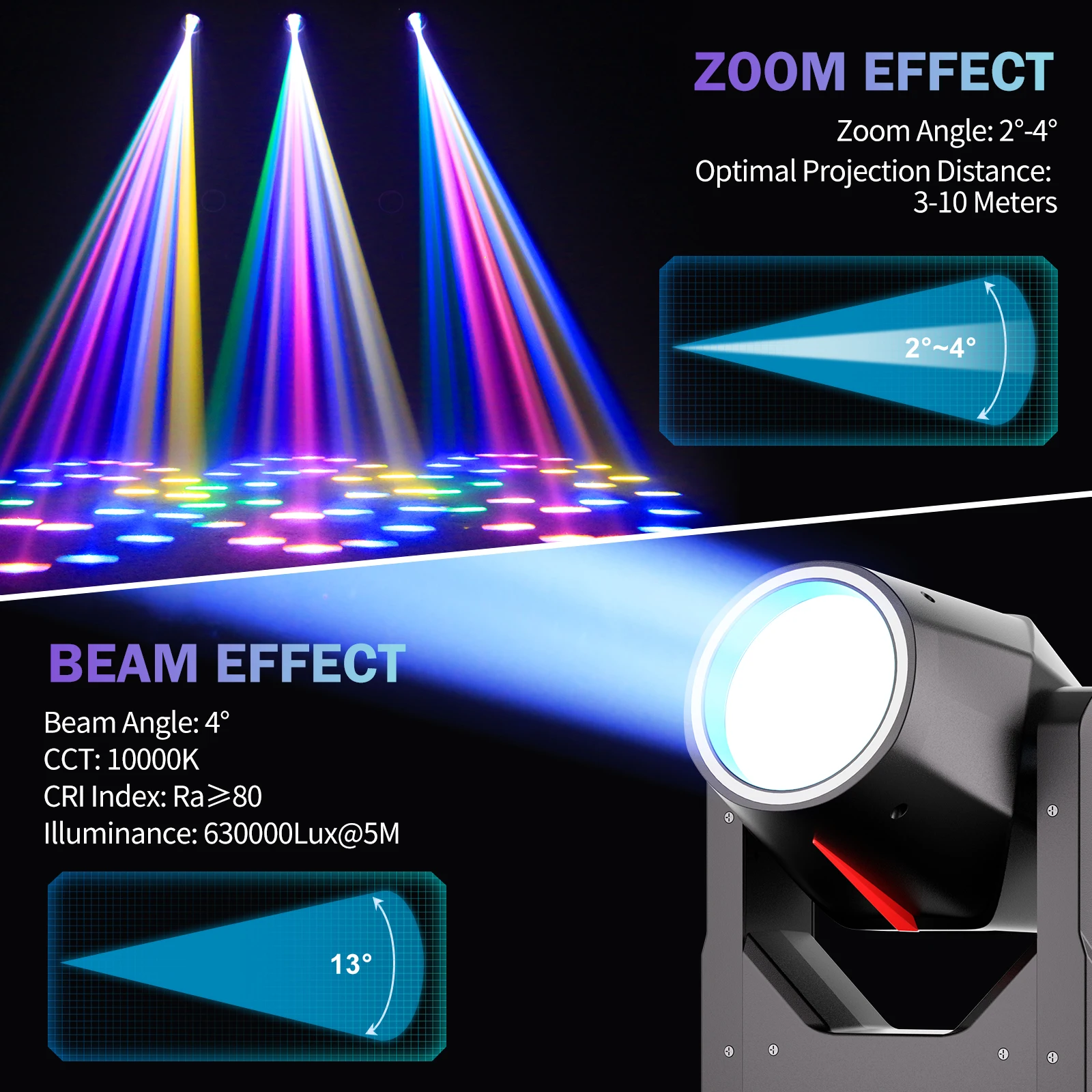 

295W Beam Moving Head Light RGB LED Stage Lighting Projector Rainbow + Atomization Effect Lights for Theater Concert Live Show