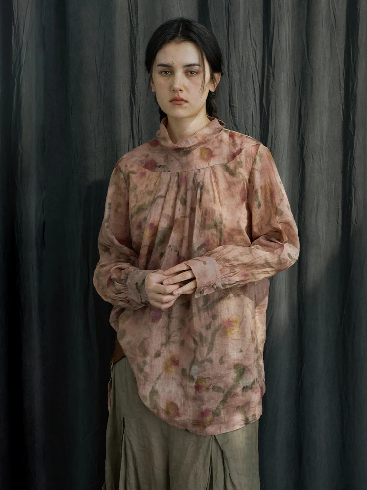 

Women's High Collar Linen Shirt Watercolor Print Breathable Top Rose Garden Collection Autumn 2024 Pink Floral Long Sleeve Po...