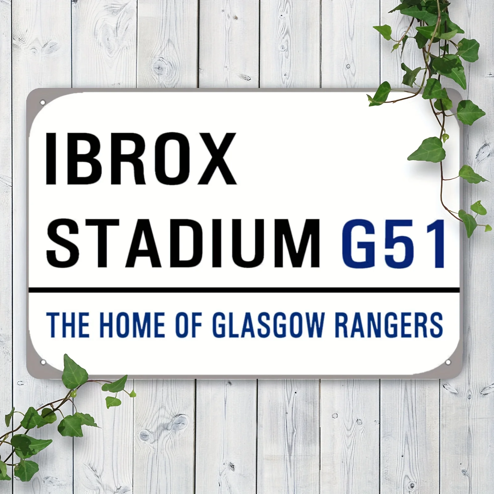 A Metal Street Sign from Glasgow Rangers, Ideal for Both Indoor And Outdoor Settings, Showcasing Ibrox Stadium. This Decorative