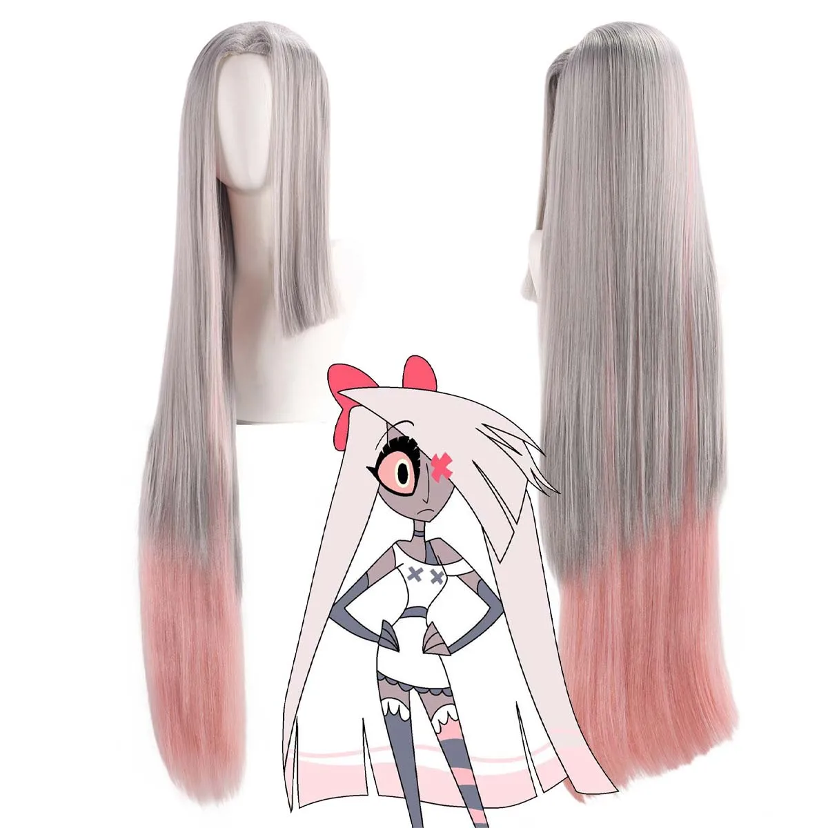 

Парик для вечеринки, серебристо-белый, серый, розовый, с градиентом, длинные прямые волосы, парик для косплея Vaggie Hazbin Hotel