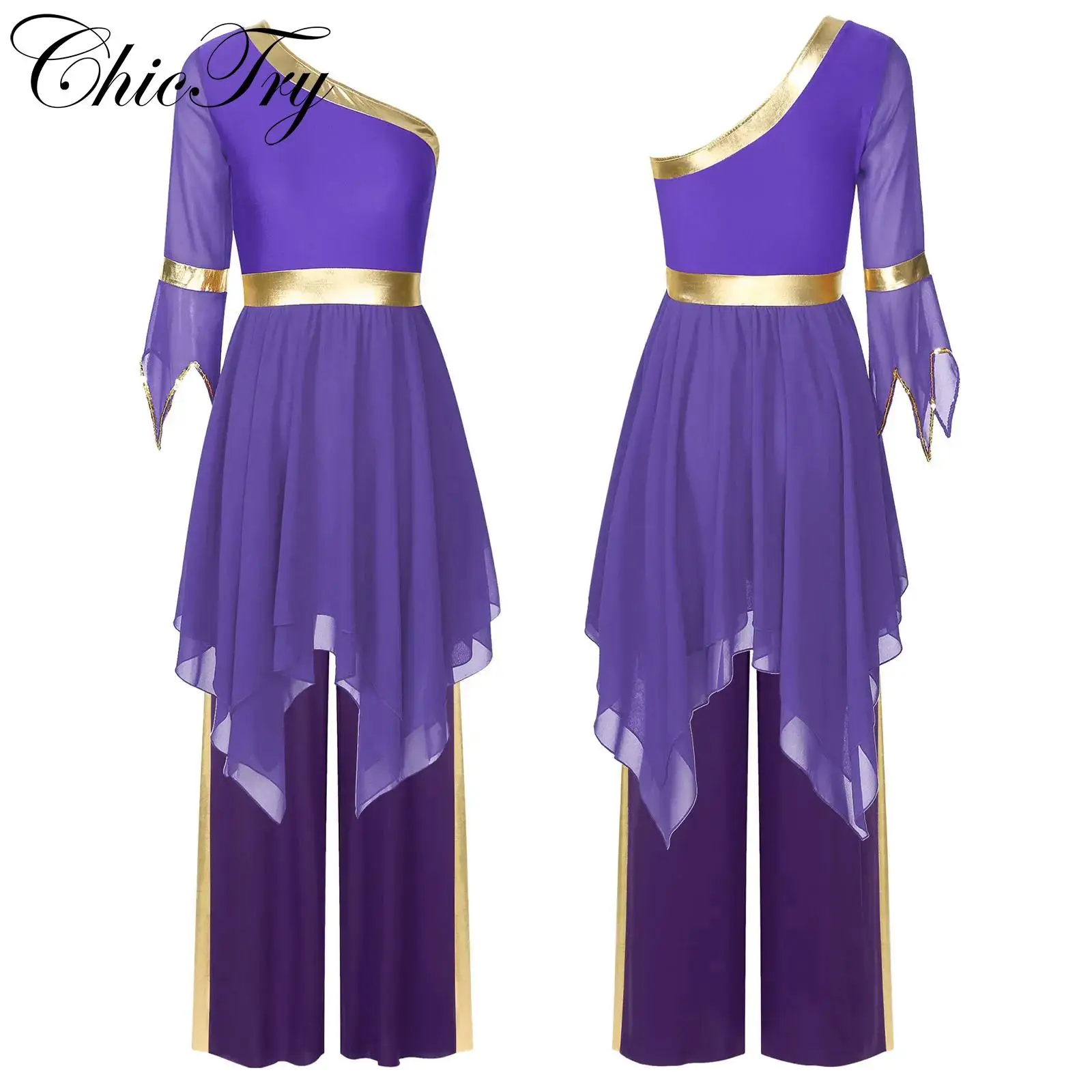 Womens Church Lyrical Dance Outfit Liturgical Worship Choir Praise Performance Costume One Shoulder Dress with Wide-Leg Pants