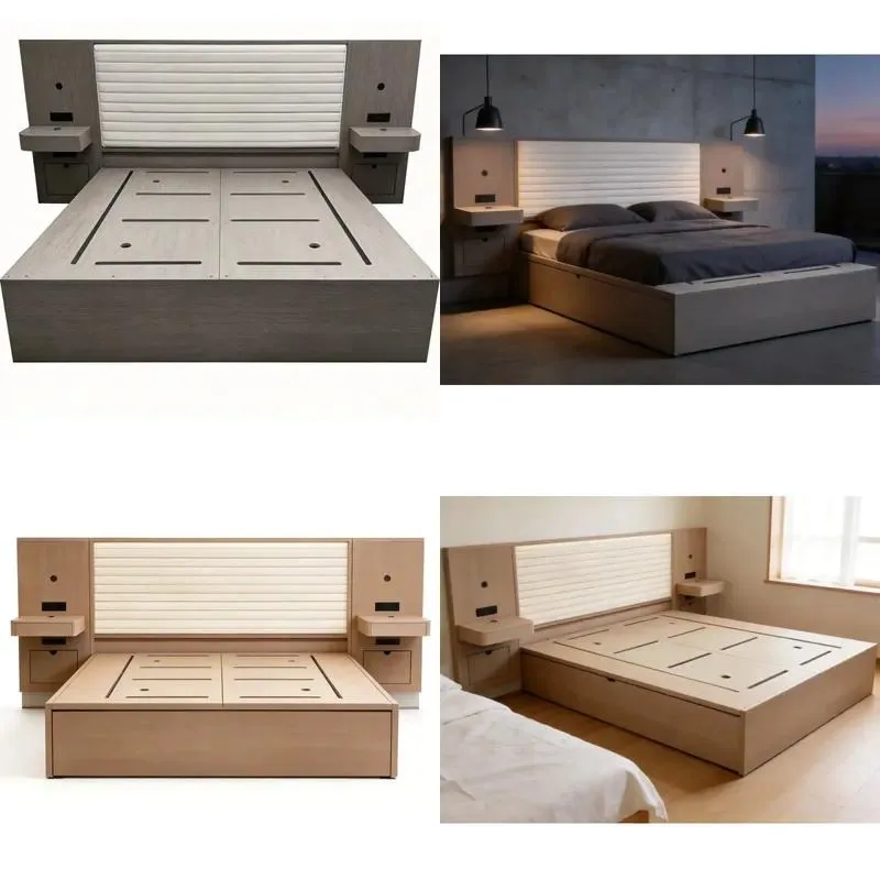 Modern Upholstered Platform Bed with Integrated Headboard and Nightstand Fireproof Furniture for Hotel Guest Apartments