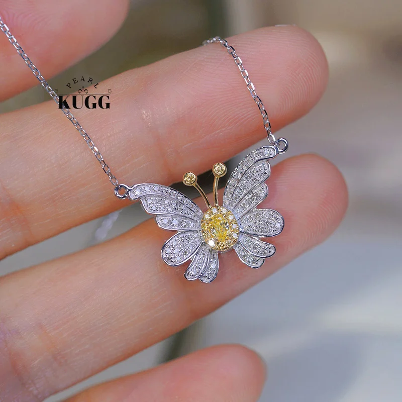 KUGG 100% 18K White Gold Necklace Women Elegant Butterfly Shape Real Natural Yellow Diamond Pendant Necklace Wedding Jewelry