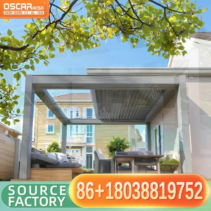 أكشاك سقف اللوفر الآلي في الهواء الطلق مع ضوء LED هيكل ألومنيوم حديث لعريشة الفناء الخلفي للحديقة