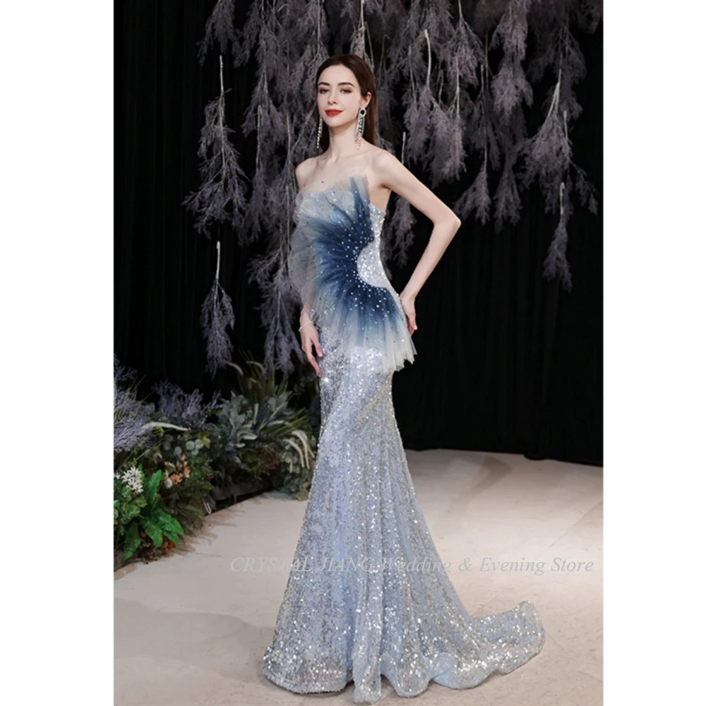 Elegant Mermaid Long Prom Dresses for Party Custom Made Blue Sequins Beaded Evening Prom Gowns 2024