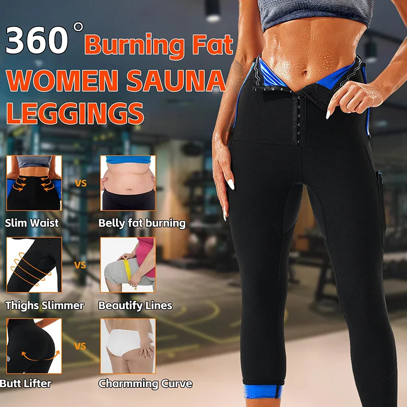 سراويل ساونا نسائية طويلة للعرق للبالغين لتخفيف الوزن، سراويل ضيقة مضغوطة لكامل الجسم مع جيب لتدريب الخصر