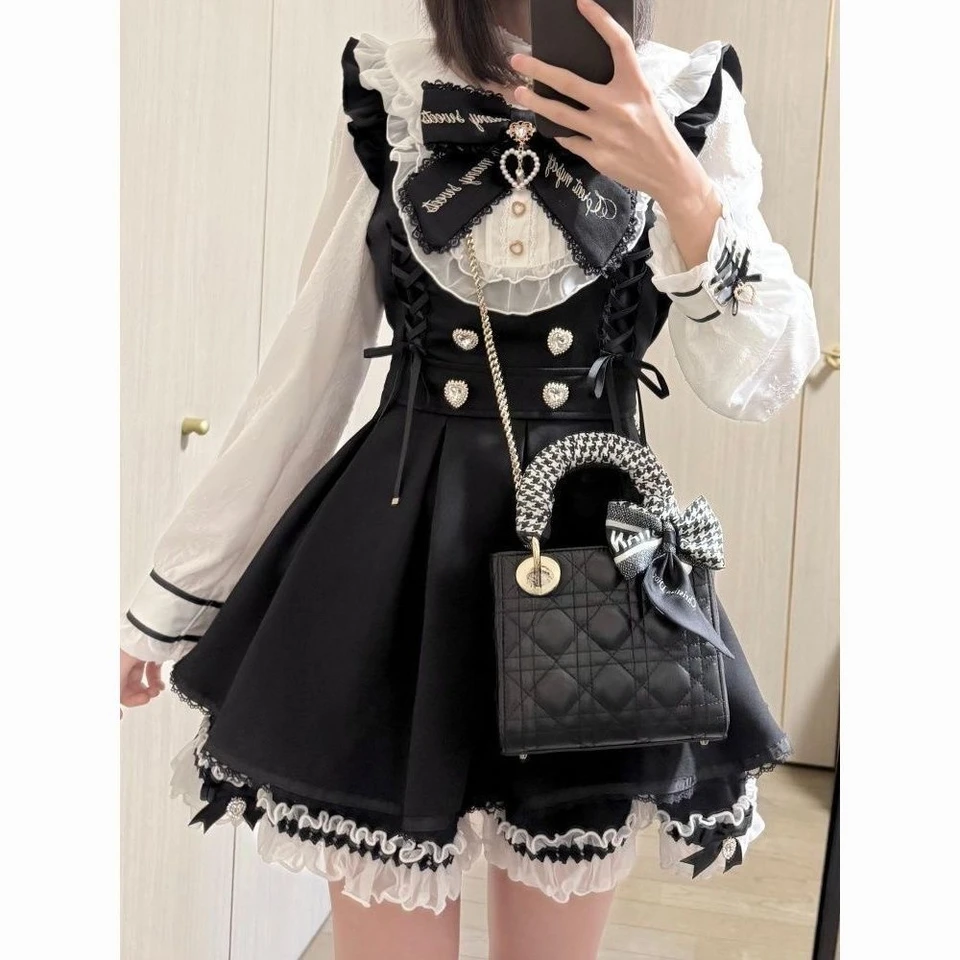 Vestido de cuadros negro con moño dulce estilo Harajuku, entallado y versátil, Kawaii Lolita para mujer, otoño, manga larga 5