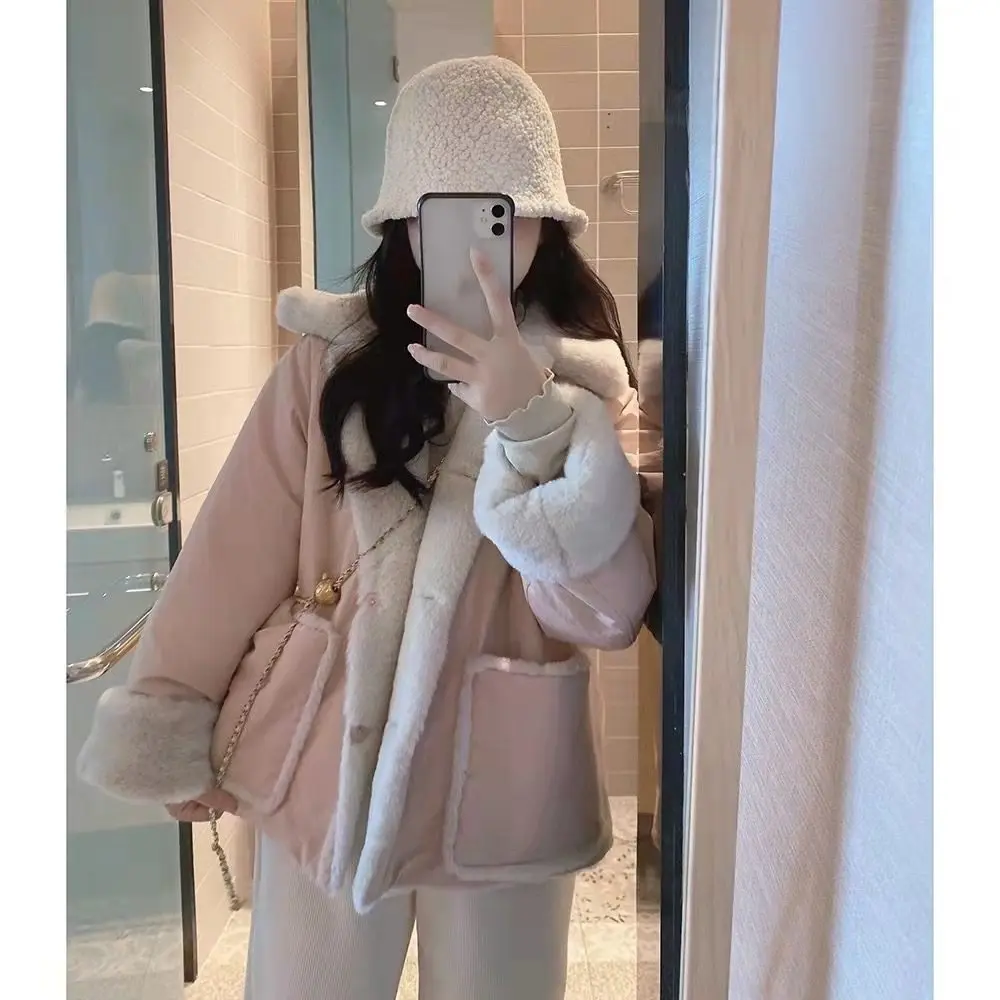 

Милое розовое пальто с длинными рукавами из меха ягненка, женское зимнее пальто на флисовой подкладке, толстая теплая куртка для ленивых, повседневное универсальное пальто для поездок на работу, наряд