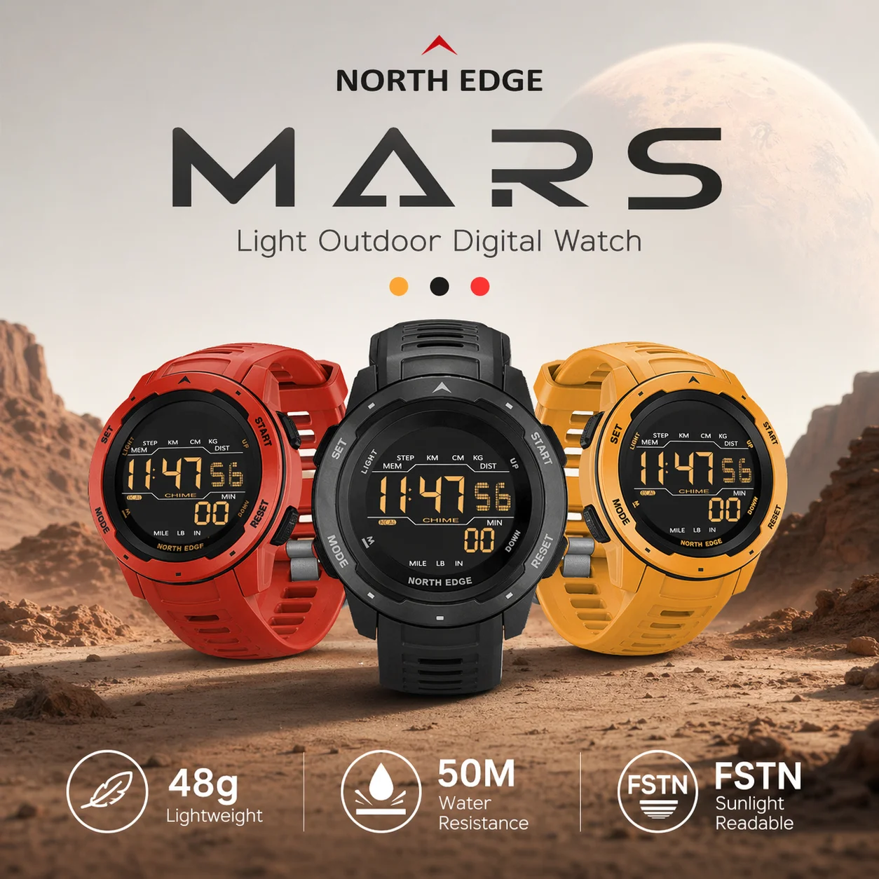 

NORTH EDGE MARS Men Outdoor Digital Sports Watch 50M Waterproof Pedometer Dual Time Countdown EL Backlight