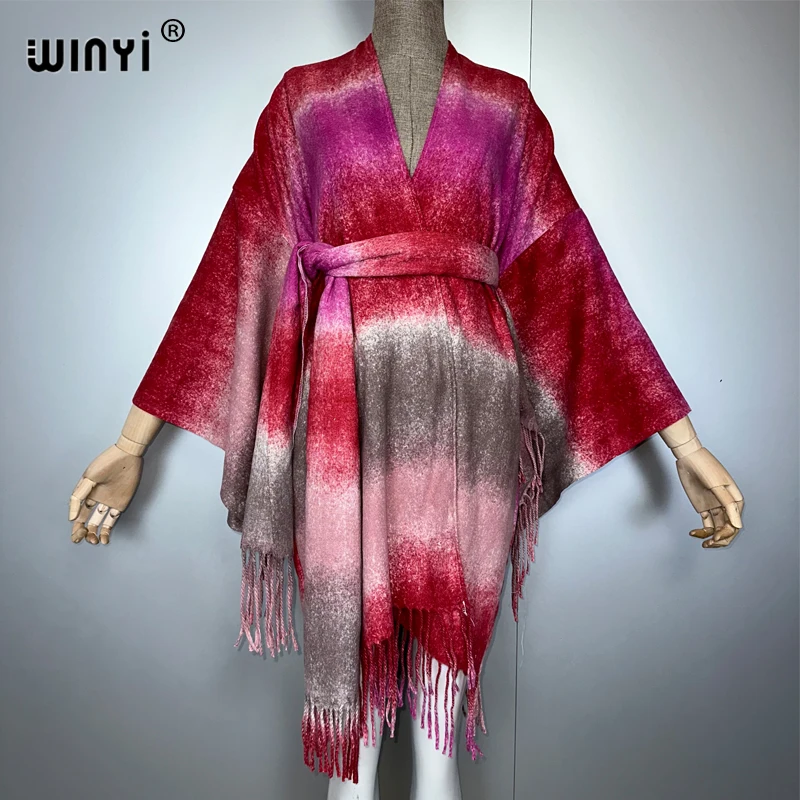 

WINYI print Autumn cardigan Africa women clothes maxi coat abaya poncho for women cape loose dress with belt holiday kaftan