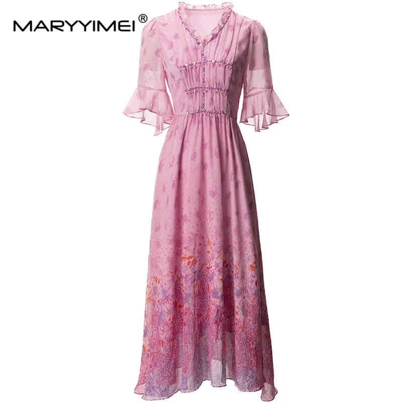 

MARYYIMEI Fashion Design Spring Summer Women's V-Neck Butterfly Sleeve Sequins Beading Crystal Print Streetwear Slim Dresses