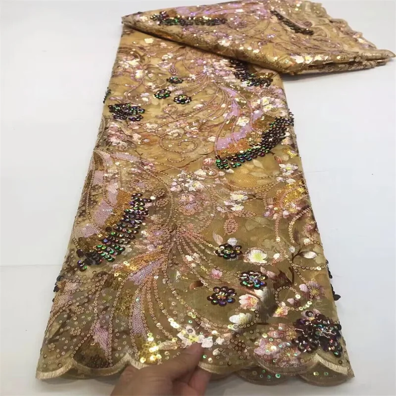 African Handmade Heavy Sequins Tulle Lace Fabric 2024 High Quality French Luxury Gold Lace Fabric For Bridal Wedding Dress Sew