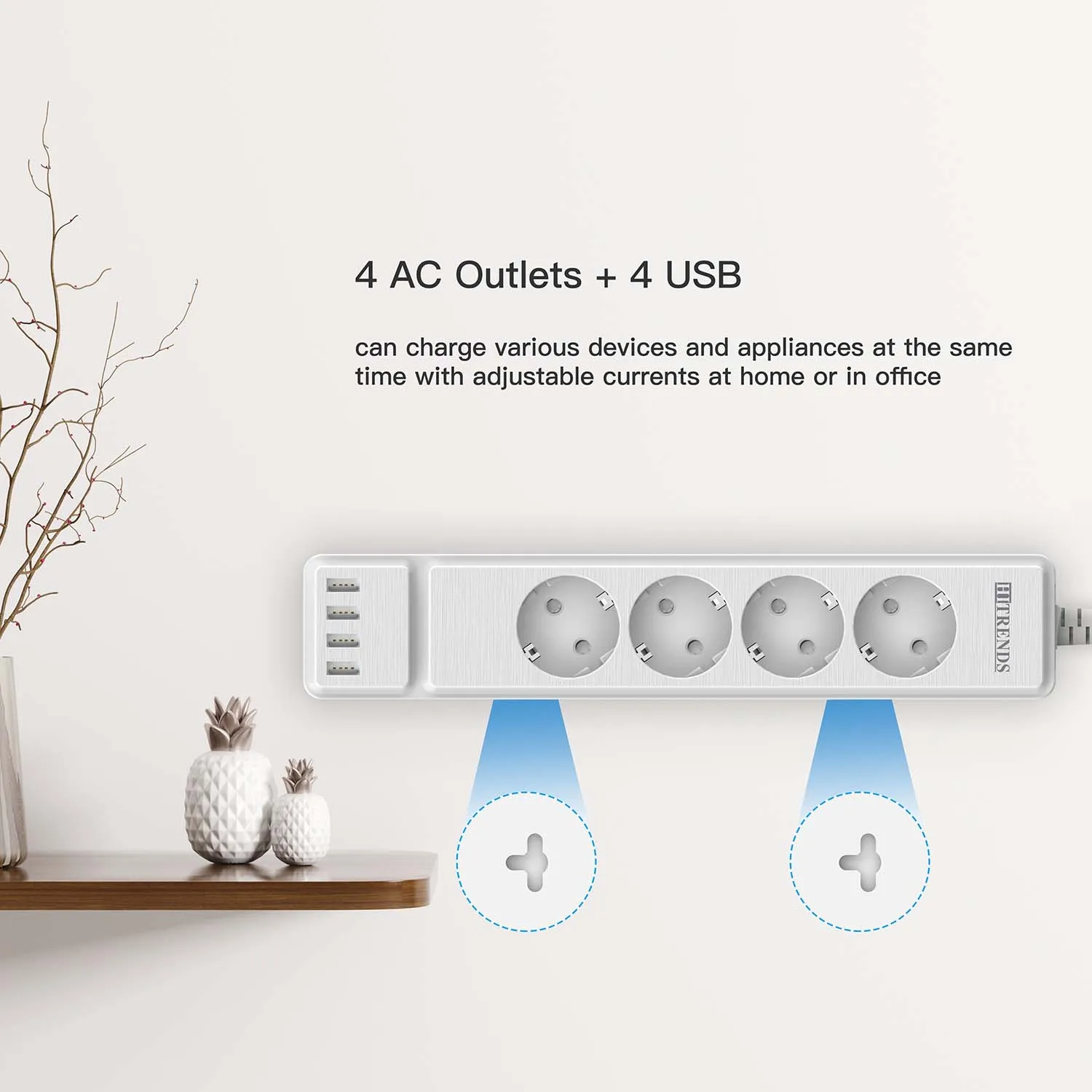 Multi-socket power strip with EU plugs Wall-mounted socket with 4 AC sockets + 4 USB ports and 3m extension cable Master switch