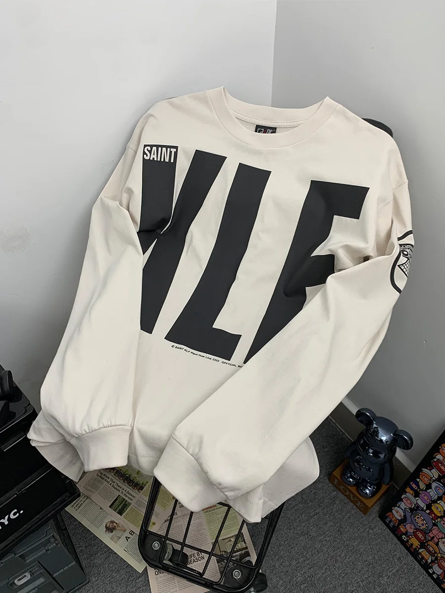 

Retro Washed American Heavyweight Long Sleeve T-Shirt Letter Print Casual Cotton Top for Men And Women Breathable Autumn Wear