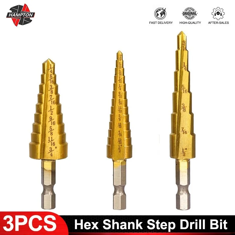 

Step Drill Bit 3/16-1/2 1/4-3/4 1/8-1/2 Hex Shank Cone Bits For Wood HSS Straight Core Drill Bit Titanium Coated Pagoda Drill