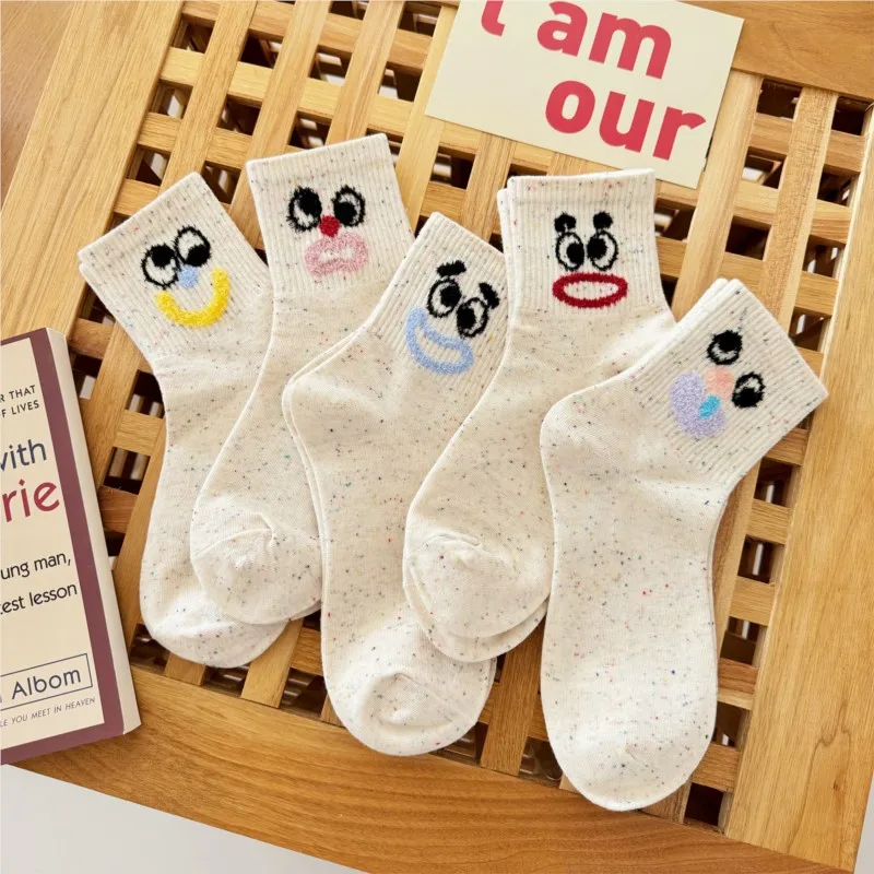 5 Pairs Funny Kawai Expression Socks Cartoon Women's Mid-tube Korean Ins All Kinds Academy Wind Japanese Cute Sport Comfort Sock