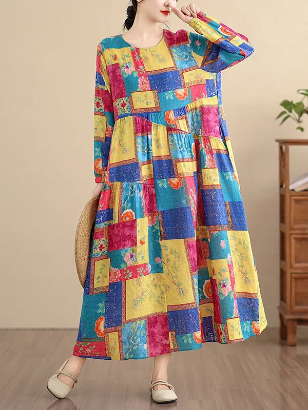 

Аутентичное длинное льняное хлопковое платье Sve с художественным принтом 2026, весенне-осенняя юбка трапециевидной формы со свободной талией, повседневная одежда, круглый цвет