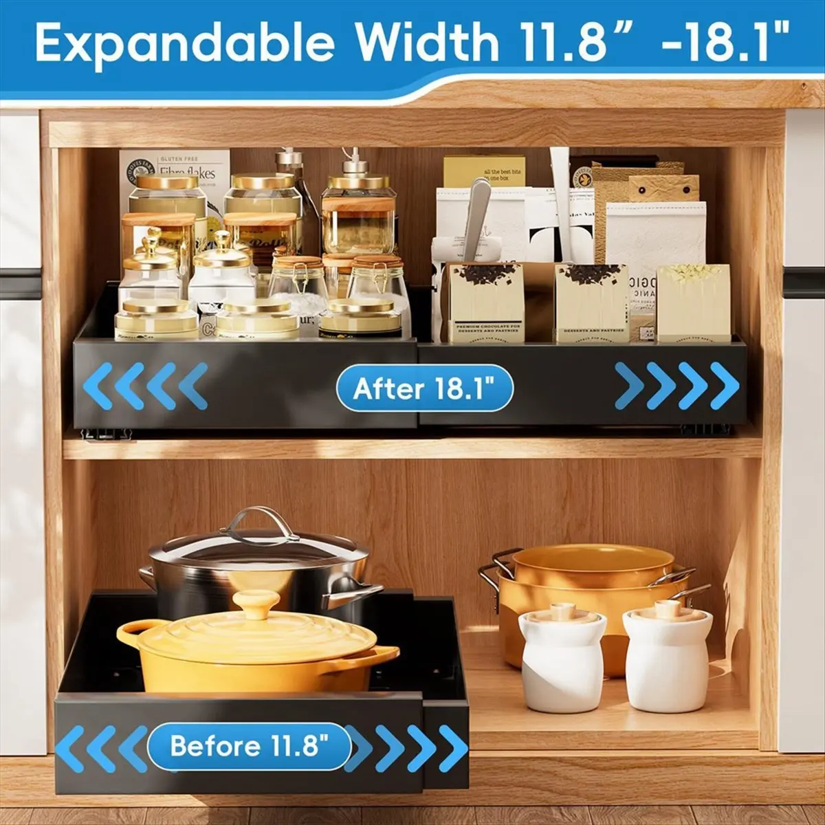 (AA91) Pull Out Cabinet Organizer, Expandable Adjustable Width (11.81 Inch-18.1 Inch W), Slide Out Drawers for Kitchen Bathroom