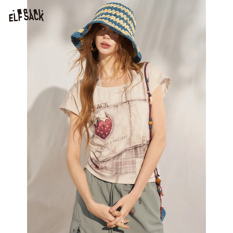 

ELFSACK Women's Punk Strawberry Print Halter Neck Fake Two Piece T-Shirt, Vintage Graphic Streetwear Knit Top
