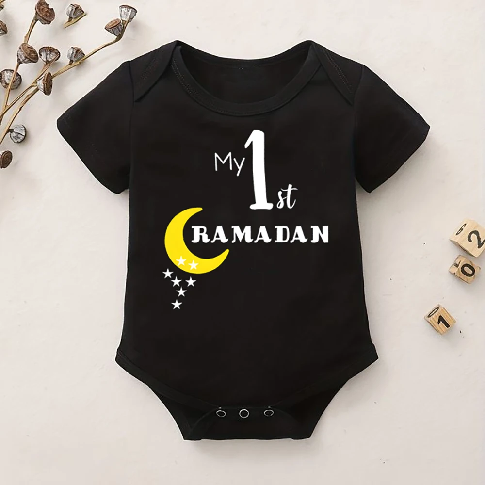 My 1st Ramadan Baby Romper Moon Star Print Short Sleeve Jumpsuit 1st Ramadan Newborn Bodysuit Muslim Festival Infant Clothes