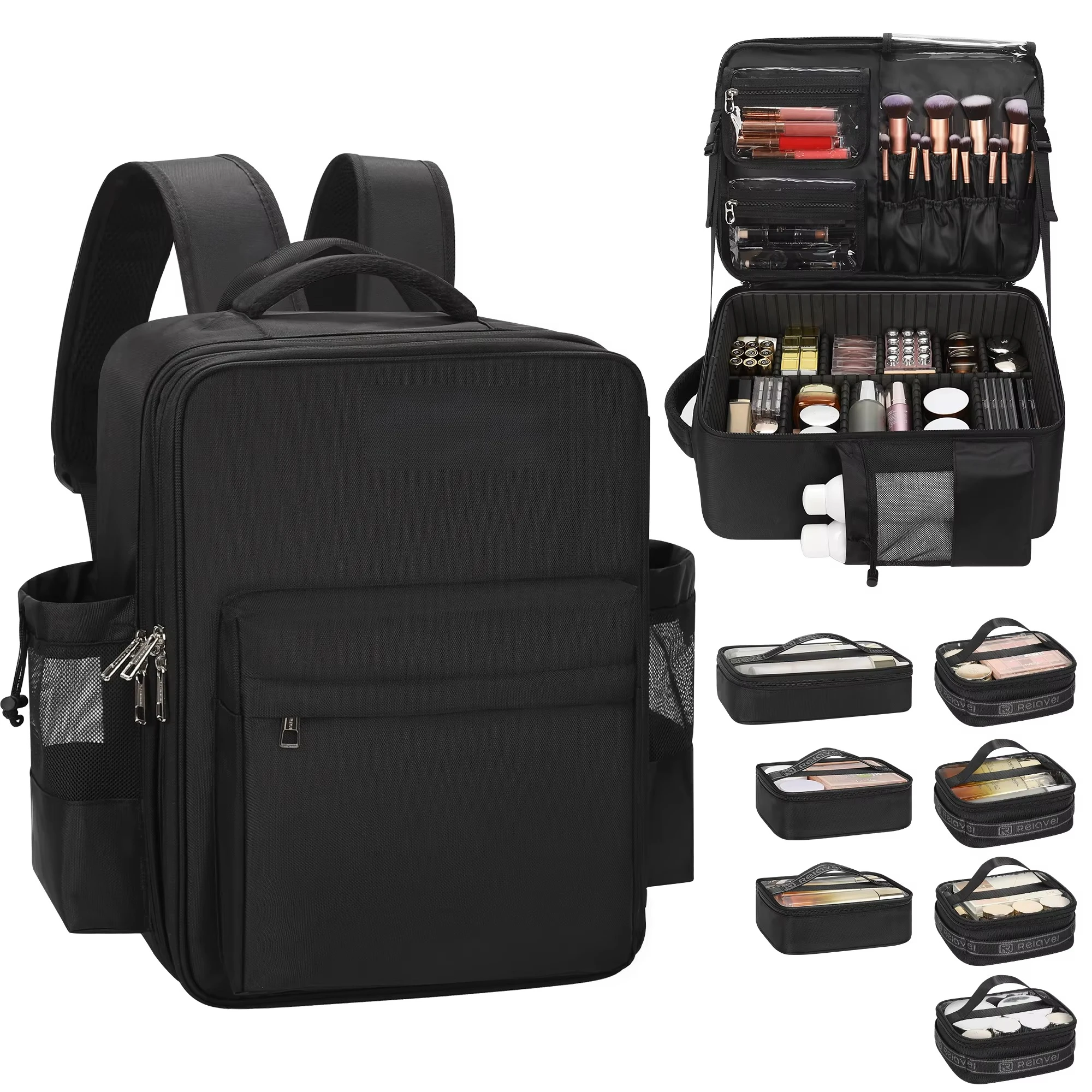 Nylon Cosmetic Case with Seven Small Bags-Eco-Friendly Durable Large Capacity Travel Makeup Organizer