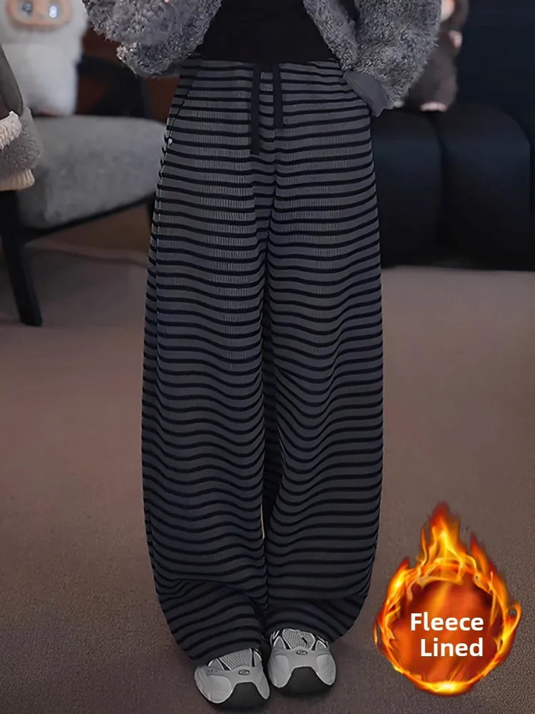 

Утепленные флисовые повседневные брюки с высокой талией, широкими штанинами и прямым кроем для женщин, модные осенне-зимние брюки в стиле кэжуал для работы и повседневной носки