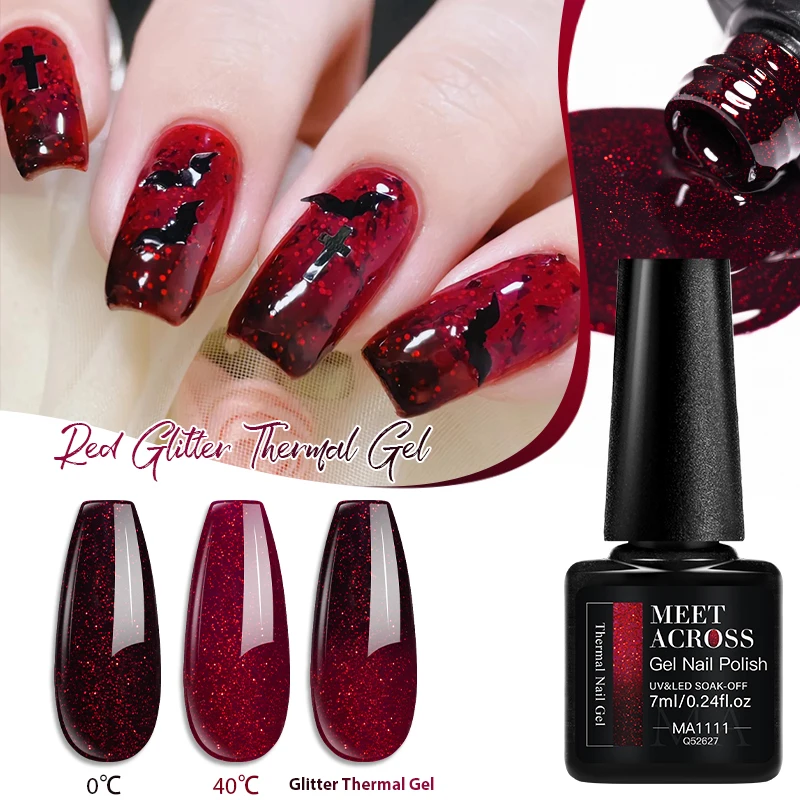 Red Glitter Thermal Gel Nail Polish 2 Layers Temperature Color Changing Semi Permanent Soak Off UV Gel Varnish Nail Supplies DIY