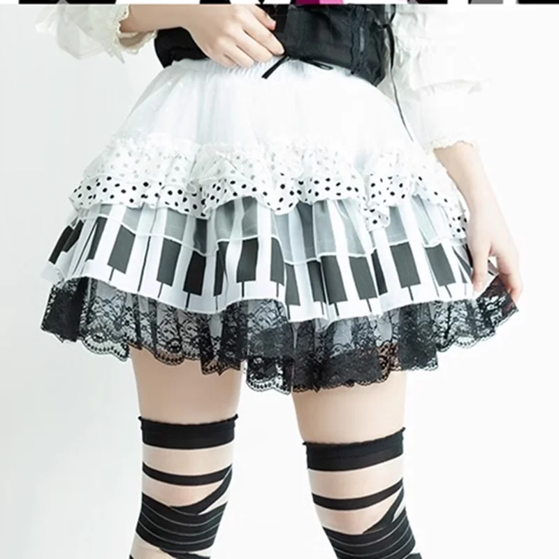 Girl\'s Lolita Polka Dot lace kawaii Cute Short skirt for Womens ruffled Edges Piano keys Pattern Fluffy Mini skirt 2024 Summer