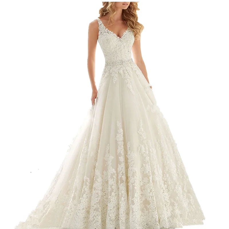 

V-Neck Wedding Dress 2020 Open Back vestido de novia Lace Applique Crystals Bride Dresses Ivory Wedding Gowns A-Line Sleeveless