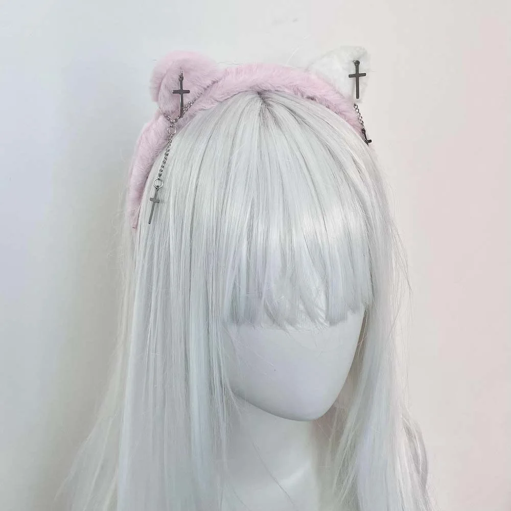 봉제 고양이 귀 로리타 머리띠, 소녀 펑크 체인 크로스, 귀엽고 멋진 머리 장식, 모피 머리 밴드, 후프 코스프레 파티 모자
