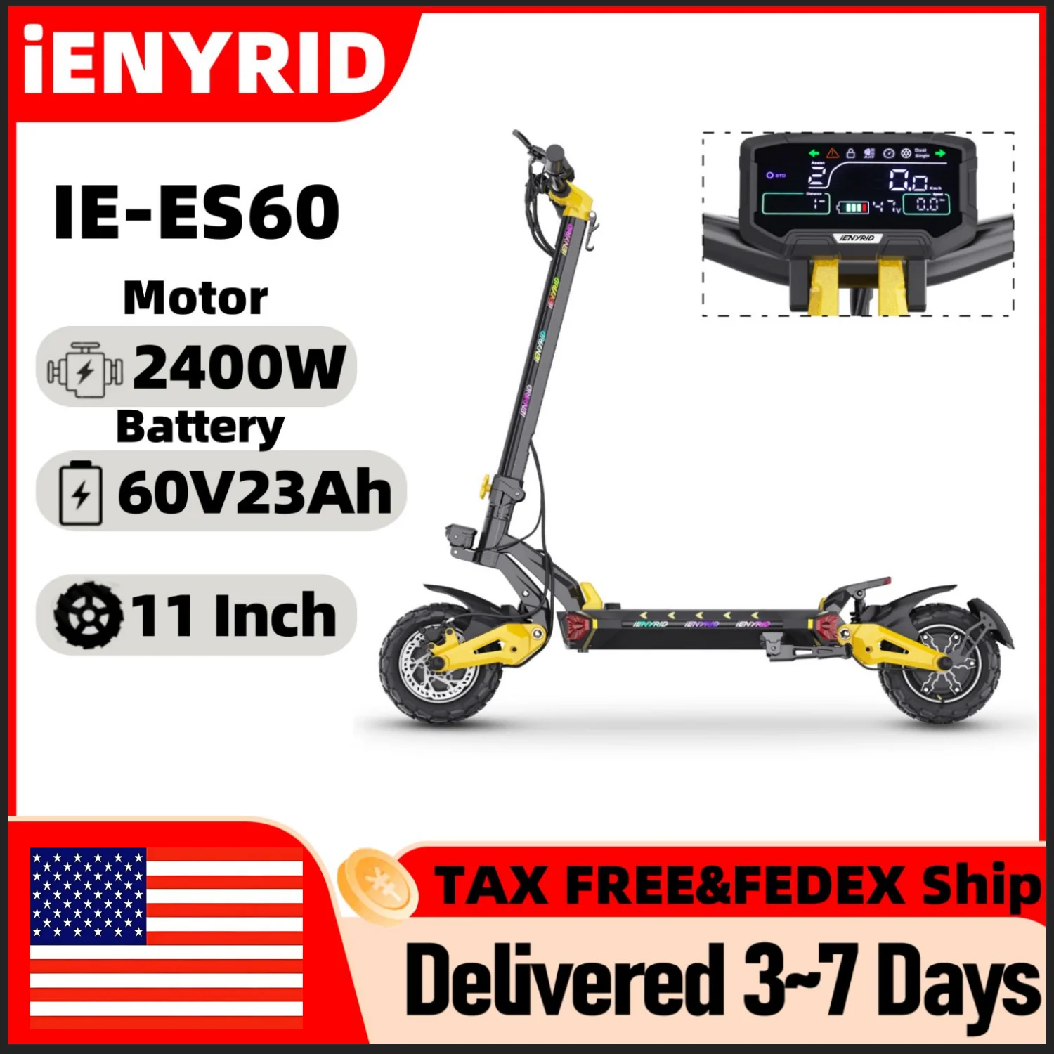 

Электрический скутер IENYRID ES60, двойной двигатель 2*1200 Вт, аккумулятор 48 В, 23 Ач, 11-дюймовая шина, максимальная скорость 60 км/ч, дальность действия 70 км, гидравлический тормоз