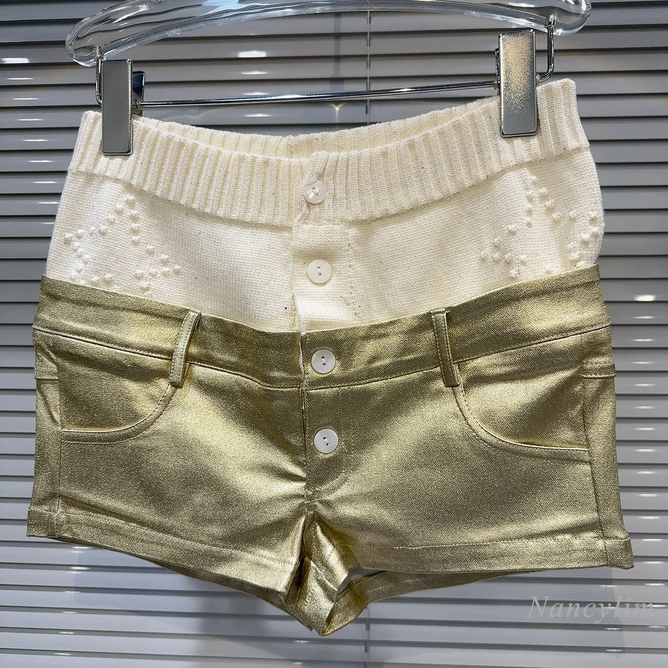 2024 Winter New Niche Knitted Double Waist Splicing Gold PU Leather Spice Girls Shorts Boots Shorts for Women