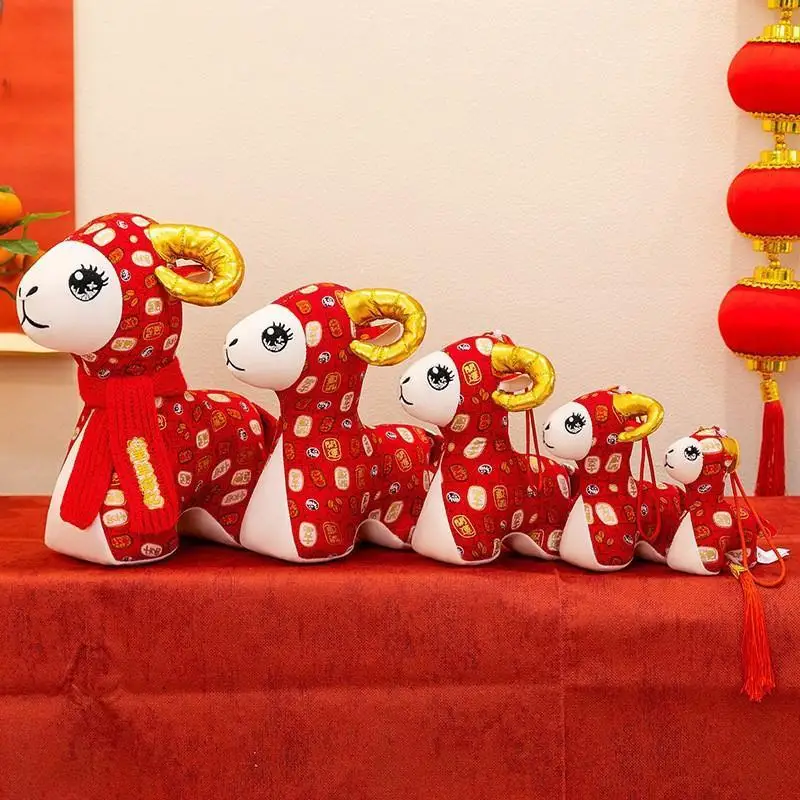 1Pcs Chinese Zodiac Sheep Plush Doll Red Fabric Lucky Goat Stuffed Toy Ornament For Spring Festival Home Party Decoration