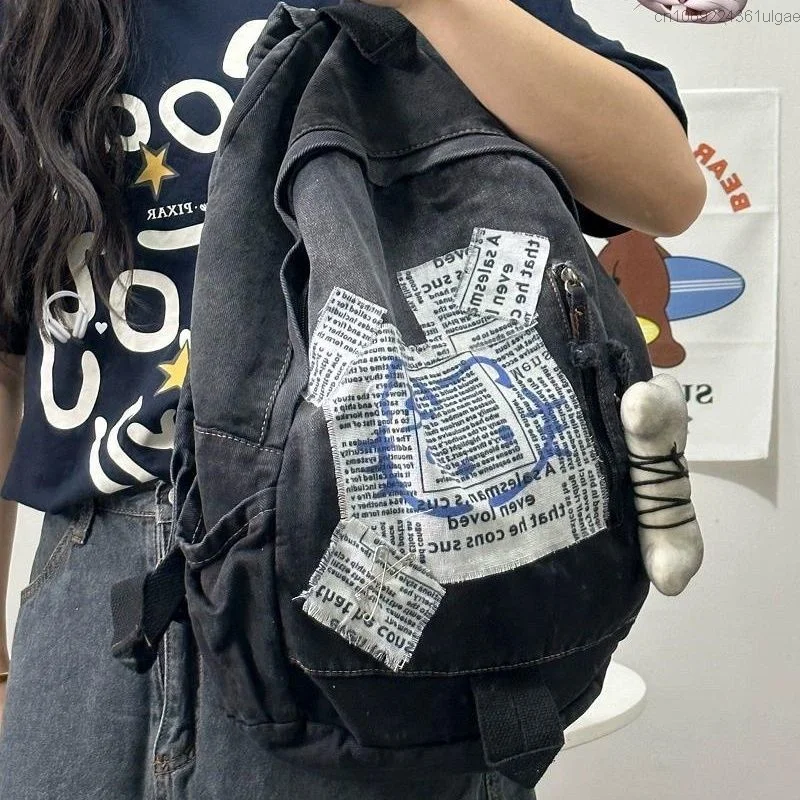 Mochila jeans Sanrio Hello Kitty Letter, mochila escolar de grande capacidade no campus, carta preta, desenho Y2k, estilo japonês, homens e mulheres, nova, verão