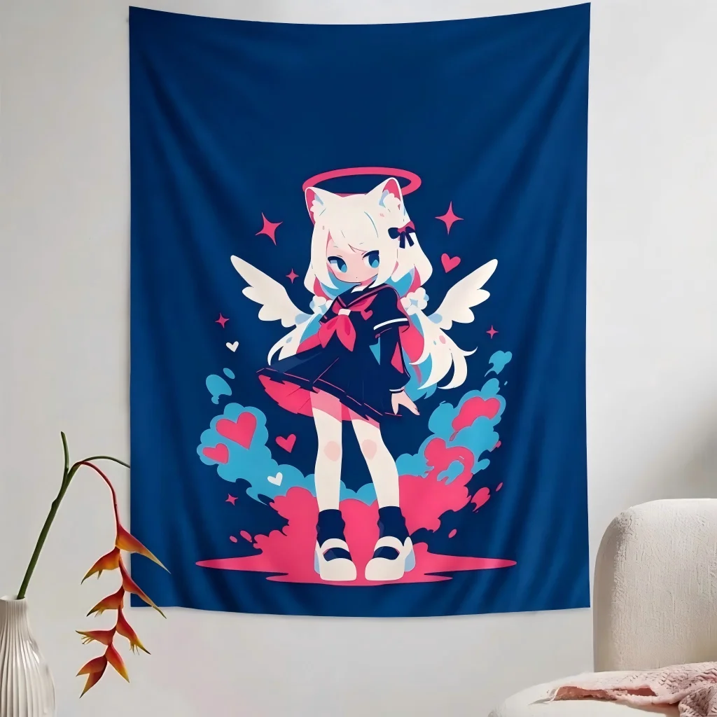 Harajuku Kawaii Anime Tapestry Neko Angel Cat‑Ear Girl Hearts Sparkle Dark Blue Wall Hanging Art for Dorm Bedroom Cute Aesthetic