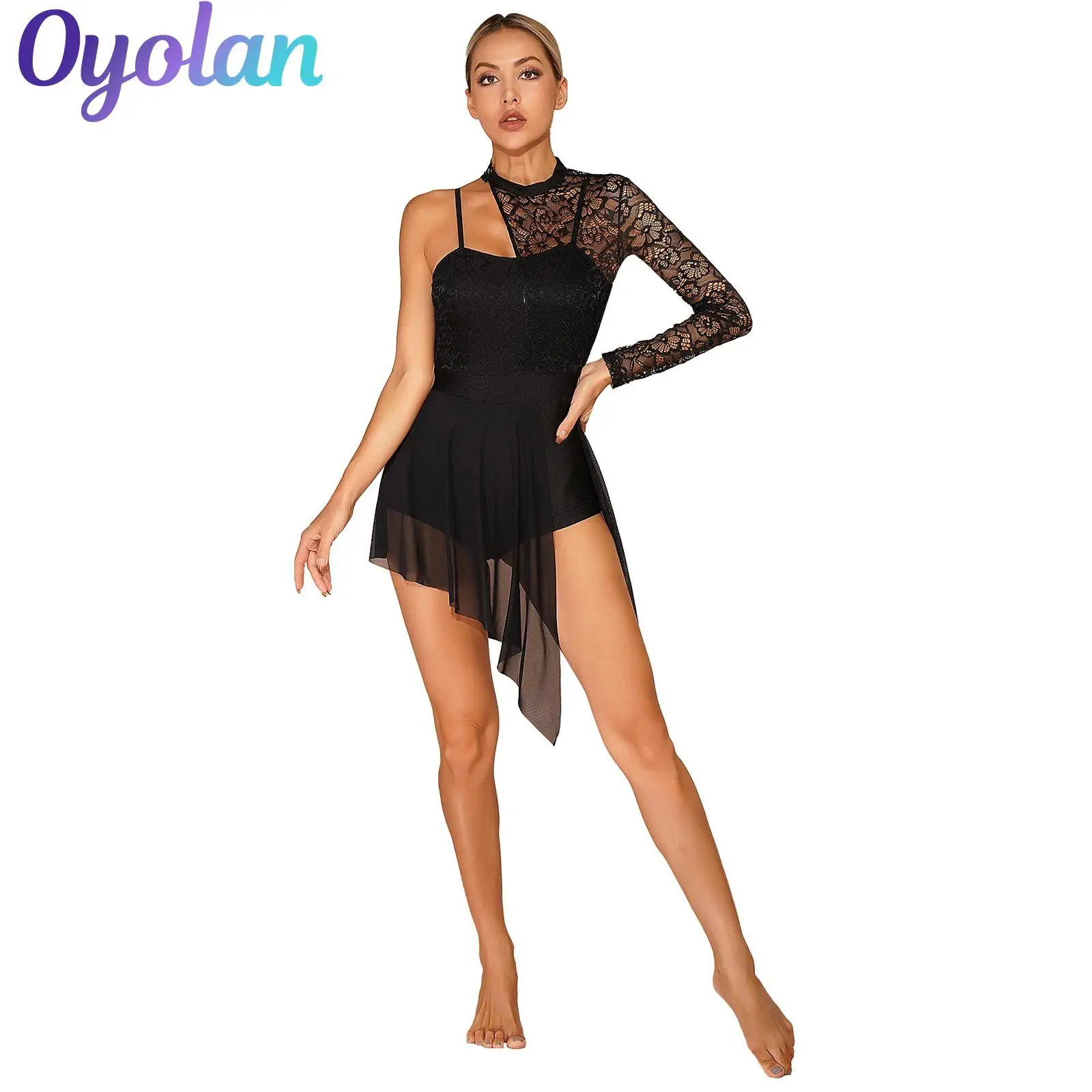 

Womens Gymnastics Figure Skating Ballet Jersey Lyrical Dance Leotard Dress Lace Split Sheer Mesh Modern Contemporary Dance Dress