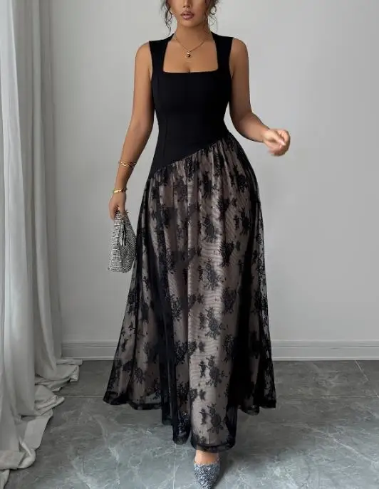 

Women's Dress New Elegant Fashionable Gorgeous Style Crochet Lace Splicing Double-Layer Design Square Neck Sleeveless Dress