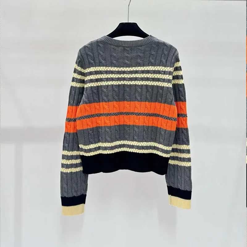 Autumn Winter Vintage Striped Patchwork Slim Thick Knitted Cardigan Women Fashion Embroidery O-neck Wool Warm Commute Sweaters