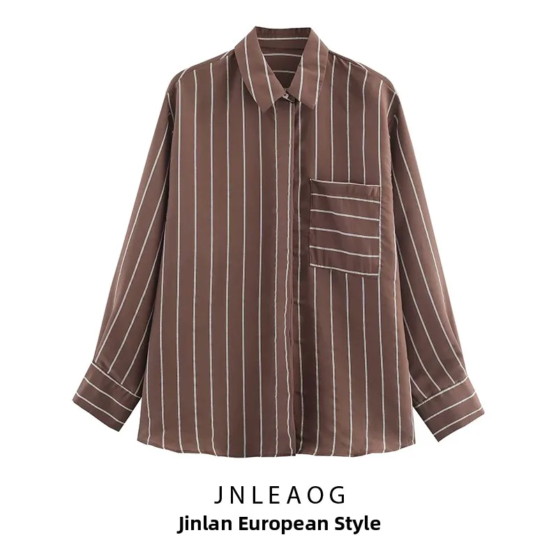

JNLEAOG Women's Casual Striped irt with ket Versatile Faionable Autumn New Arrival Loose Fit Long Sve Polyester