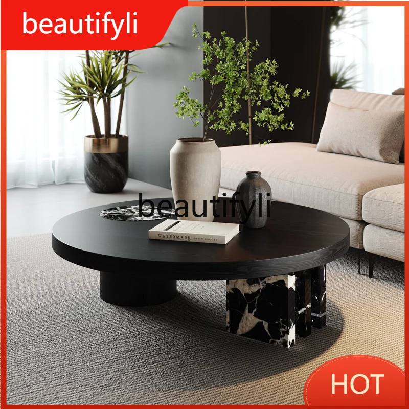 

Japanese medieval coffee table round solid wood retro natural marble coffee table living room black luxury stone D80