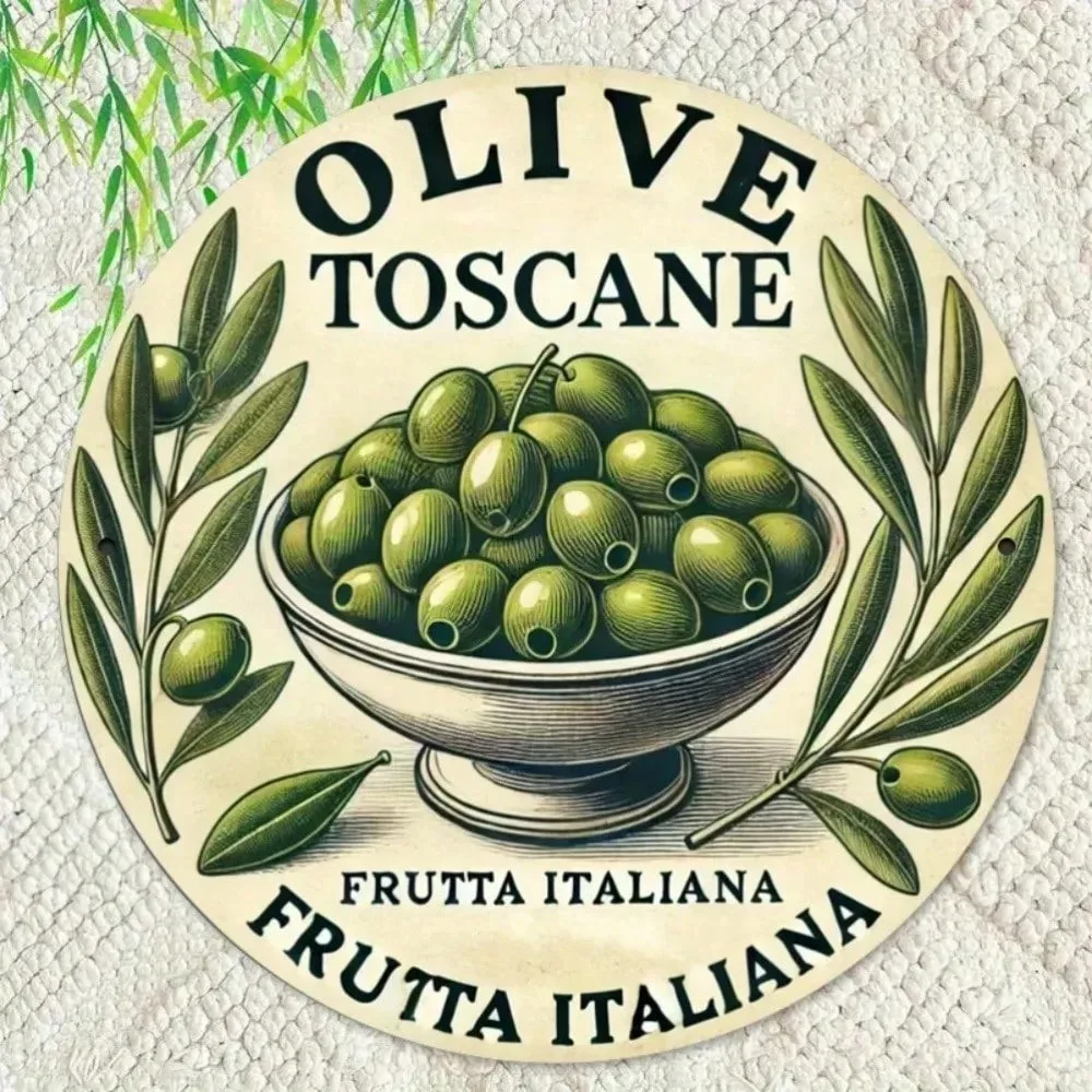 Toscanne Olive Italian Rustic Metal Wall Art, Round Tin Plate Decor for Home Kitchen Garden