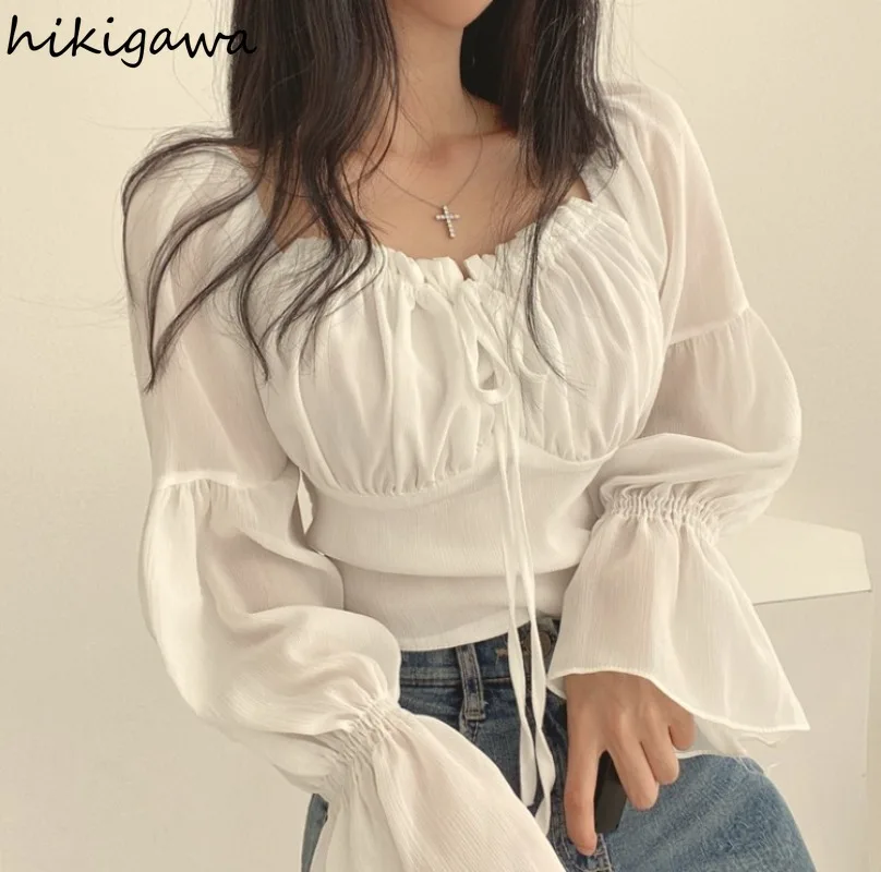 Chic Blouse Women\'s Clothing Flare Sleeve Square Collar Bandage Crop Tops 2024 Camisas De Mujer Sweet Ruffles Folds Summer Shirt