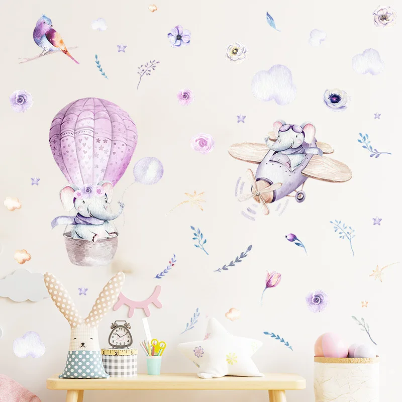 

Elephant Hot Air Balloon Airplane Wall Sticker Kids Room Home Decoration Mural Baby Bedroom Decor Cartoon Animals Wallpaper