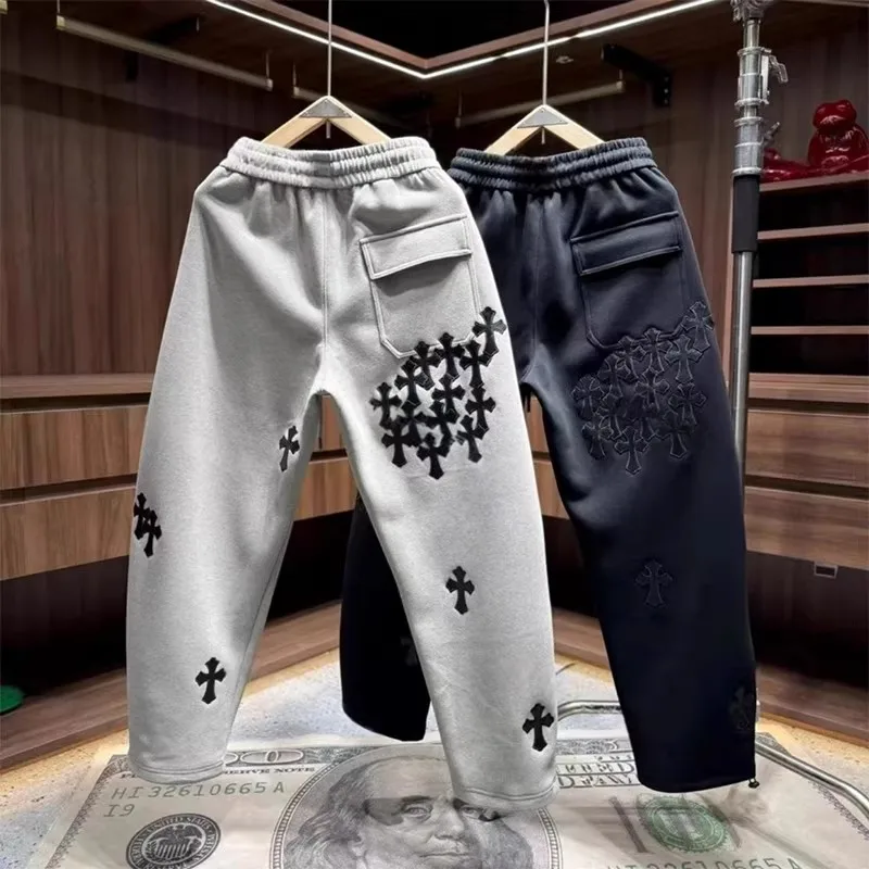 

Men's Casual Sports Fce Lined Embroidered Design Wide Leg Pants Straight Cut Loose Fit Polyester Fiber Autumn Winter plus ...