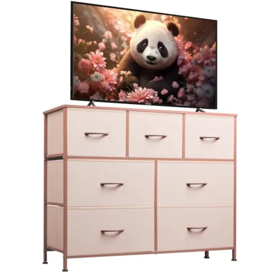 

Комод-тумба под телевизор с 7 ящиками, металлическим каркасом и деревянной столешницей, розовый, для телевизоров до 45 дюймов, для спальни