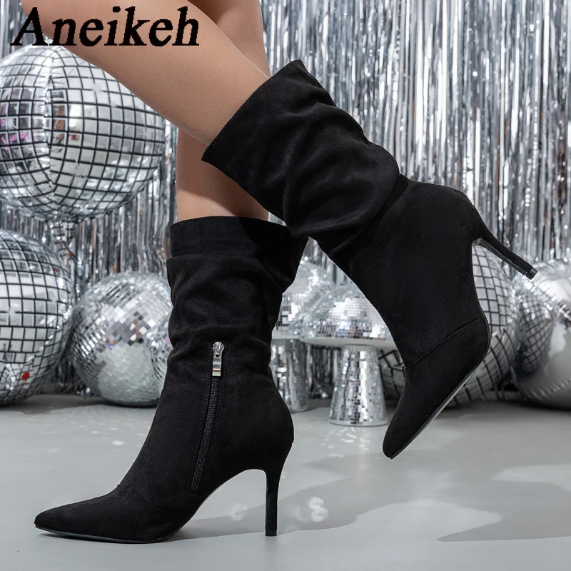 Aneikeh NEW Fashion Mid-Calf Boots Sexy Flock Sewing Pleated Pointed Toe Zippers for Thin High Heels Wedding Women Shoes Apricot