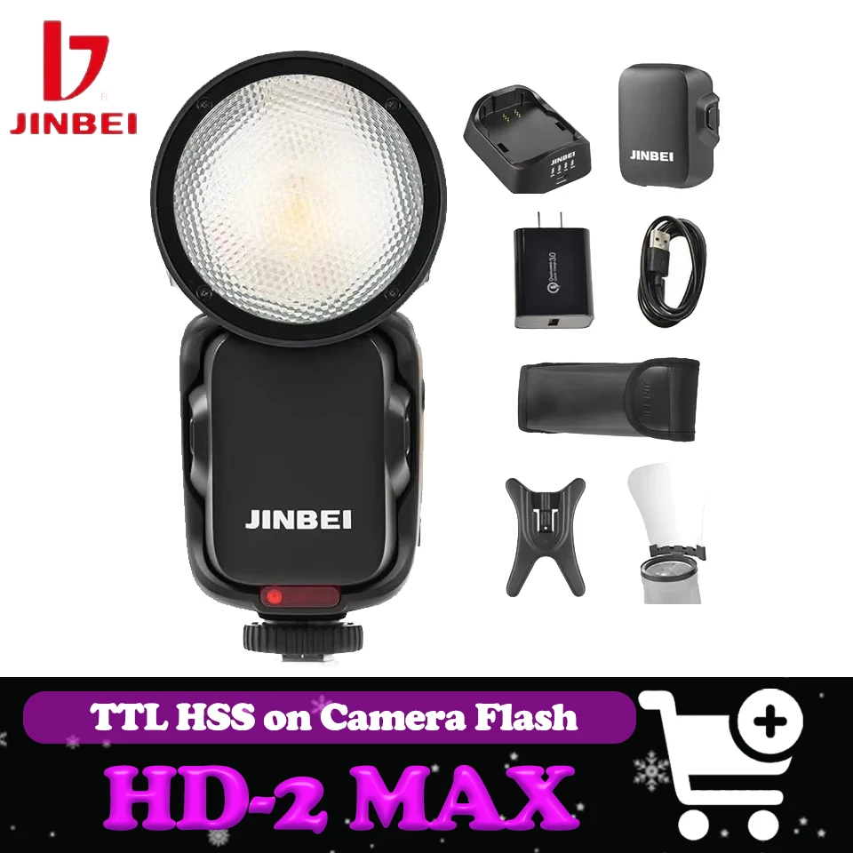 JINBEI HD-2MAX 80Ws GN60 TTL HSS Wireless Speedlite 0-90 ° Verticval Rotation Hot Shoes Camera Flash 0.05-1.3 Recycle Time