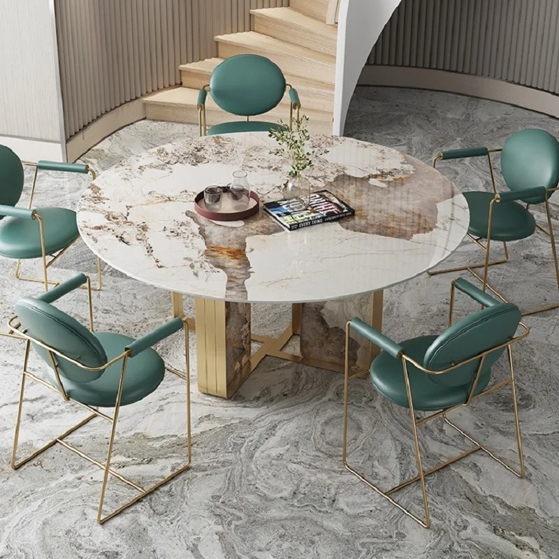 Italian light luxury rock slab round dining table with turntable household small apartment