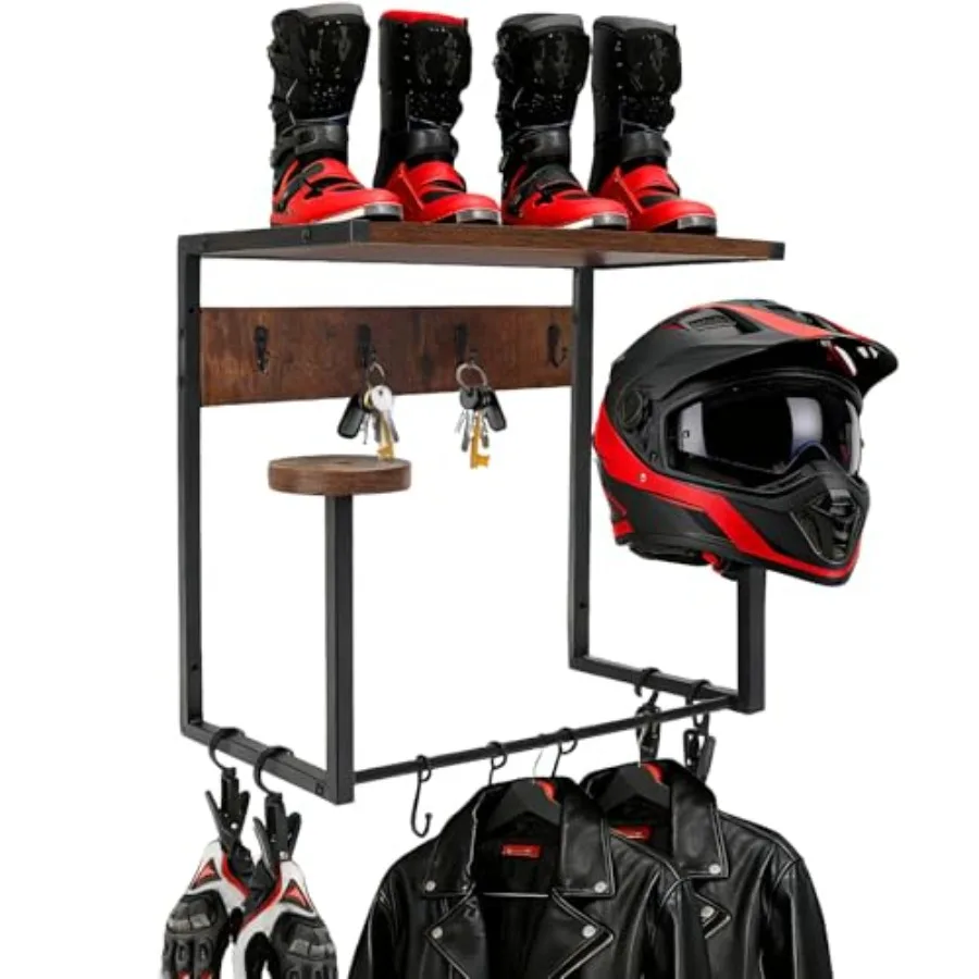

Heavy-duty motorcycle helmet wall mount rack with storage shelf for organizing moto gear accessories featuring 2 helmet stands